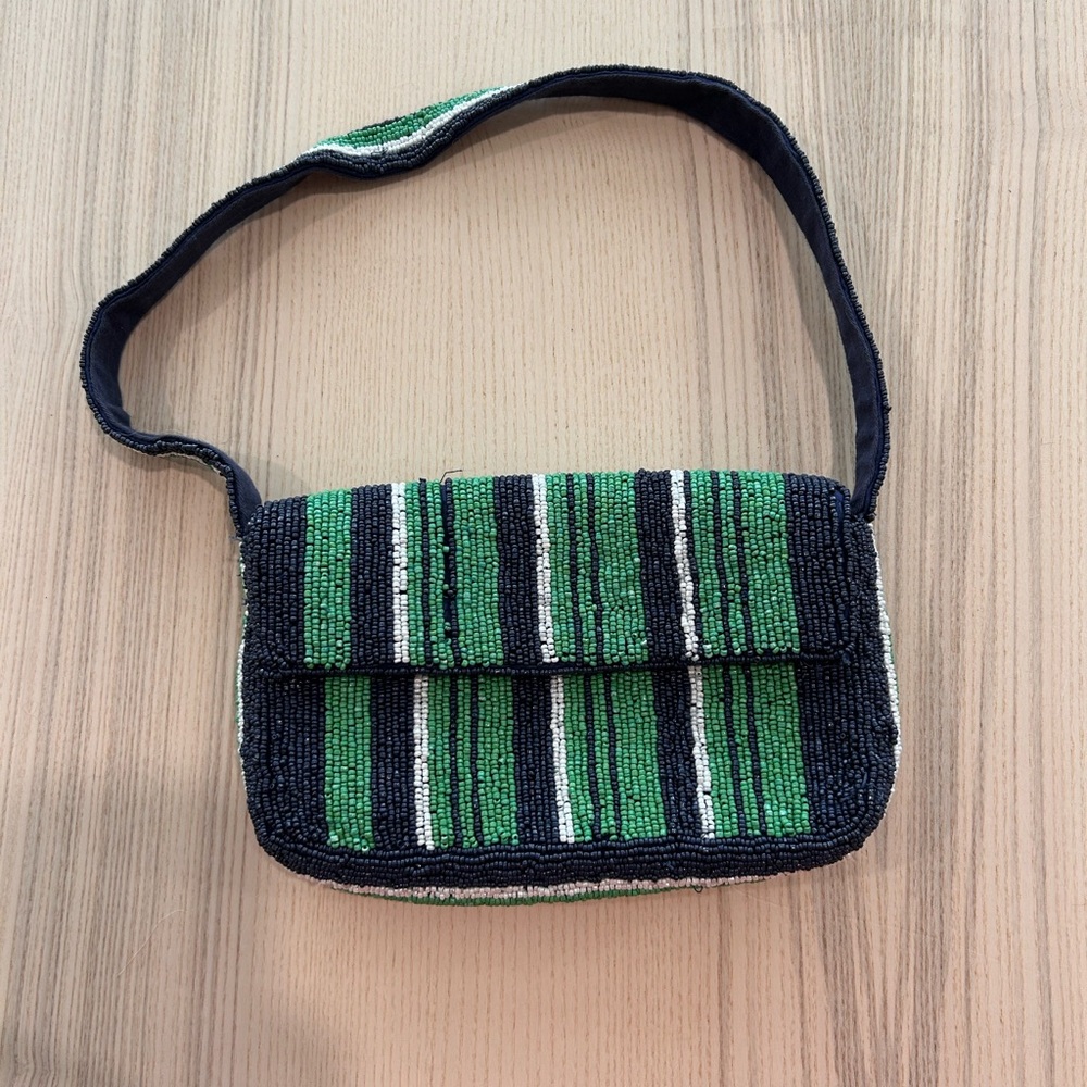 Anthropologie Beaded Fiona Bag in Navy and Green Stripe